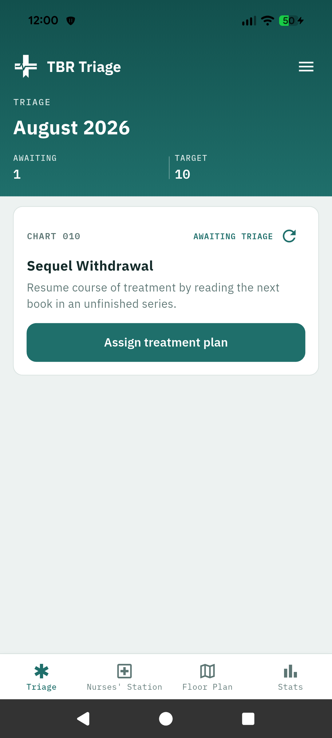 Triage tab with a patient Awaiting Triage and Assign treatment plan.